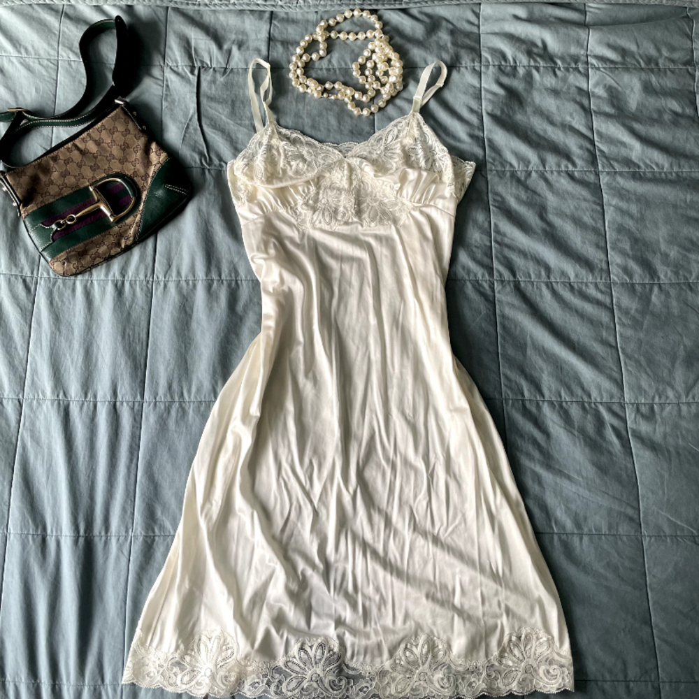Vintage 70s Ivory White Lace Slip Dress